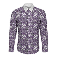 Hibiscus Bloom Island Tribal Waves Long Sleeve Button Shirt Purple Polynesian Pattern