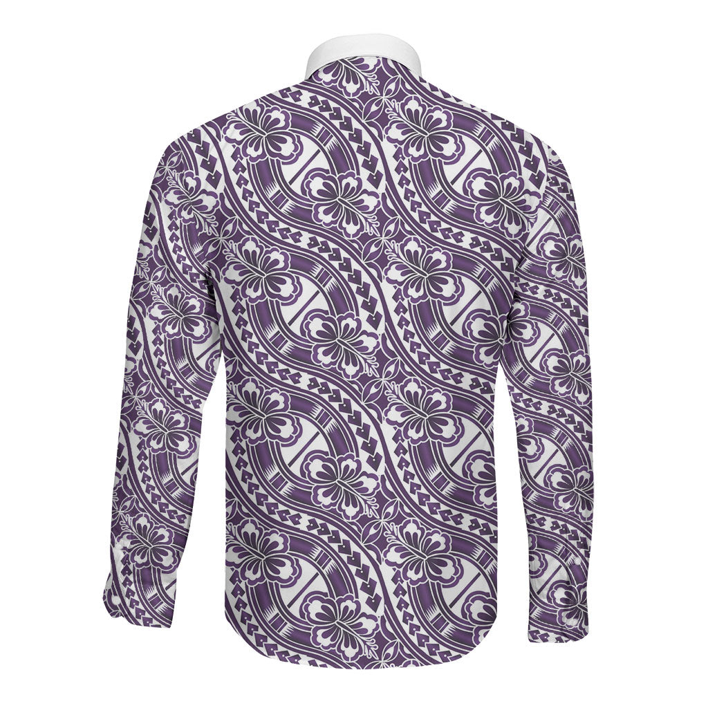 Hibiscus Bloom Island Tribal Waves Long Sleeve Button Shirt Purple Polynesian Pattern