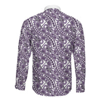 Hibiscus Bloom Island Tribal Waves Long Sleeve Button Shirt Purple Polynesian Pattern
