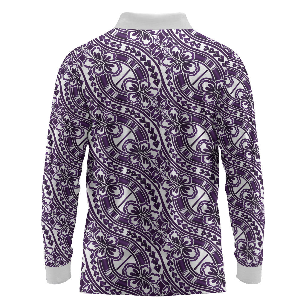 Hibiscus Bloom Island Tribal Waves Long Sleeve Polo Shirt Purple Polynesian Pattern LT01 - Polynesian Pride