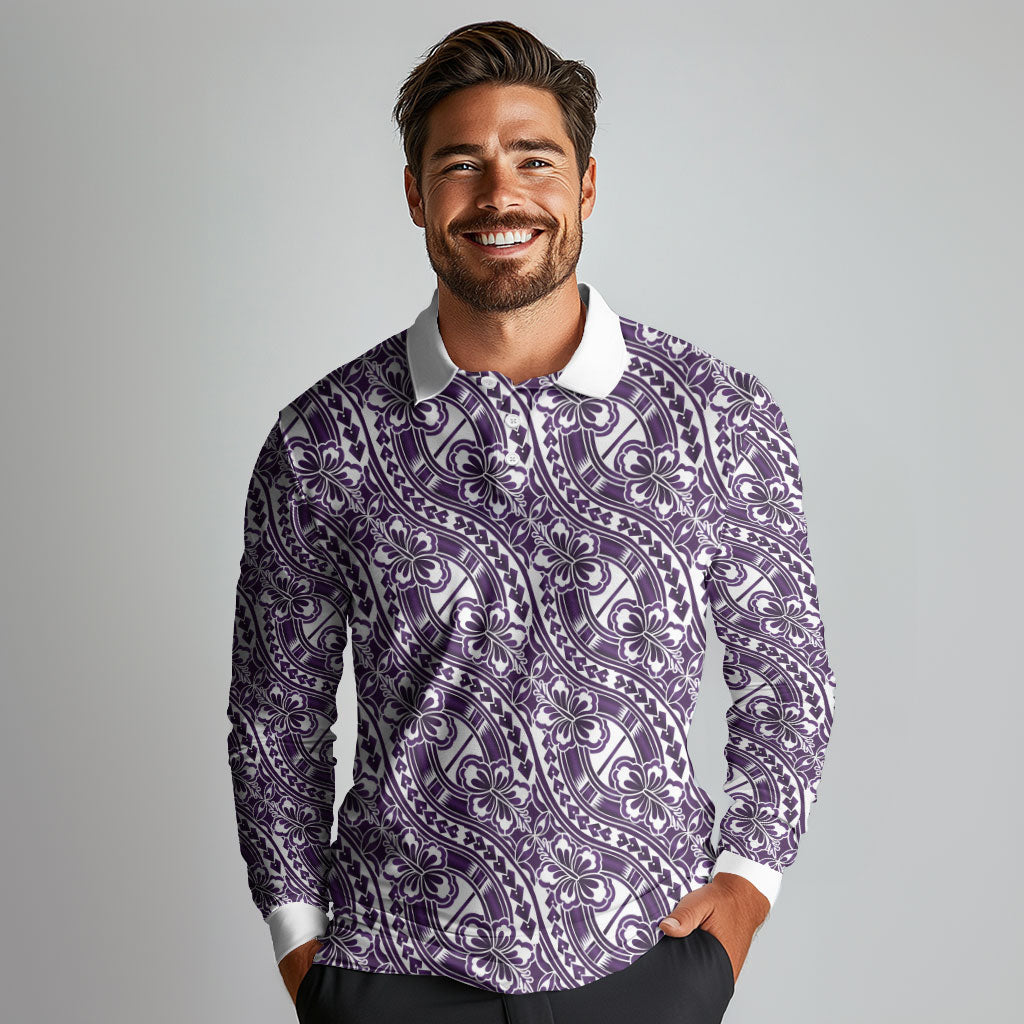 Hibiscus Bloom Island Tribal Waves Long Sleeve Polo Shirt Purple Polynesian Pattern LT01 - Polynesian Pride