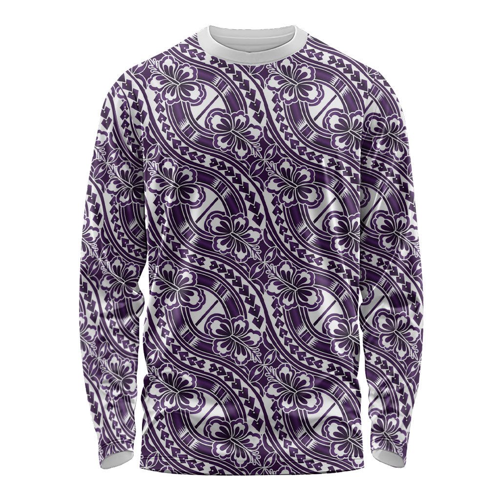 Hibiscus Bloom Island Tribal Waves Long Sleeve Shirt Purple Polynesian Pattern