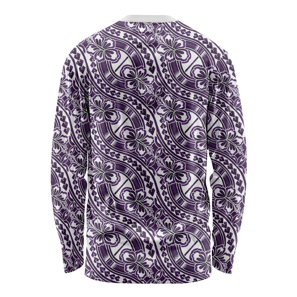 Hibiscus Bloom Island Tribal Waves Long Sleeve Shirt Purple Polynesian Pattern