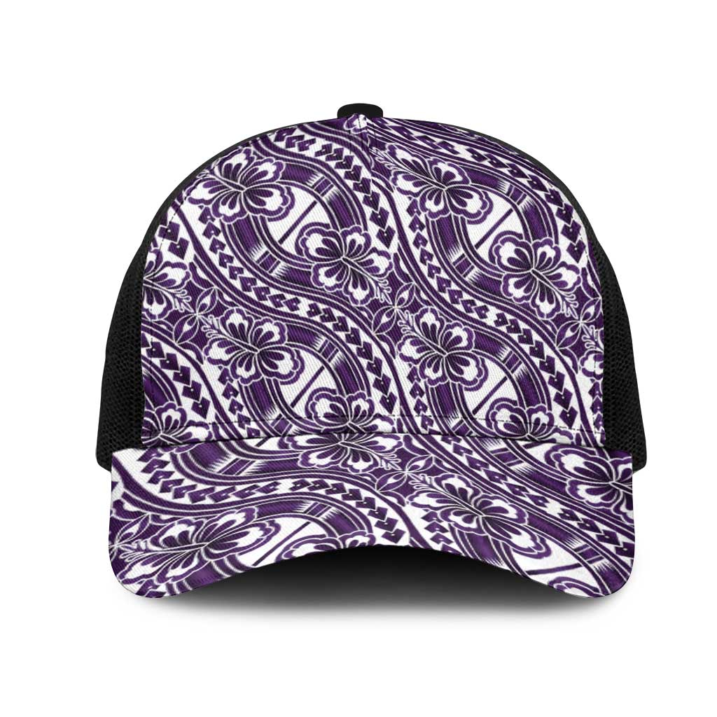 Hibiscus Bloom Island Tribal Waves Mesh Trucker Cap Purple Polynesian Pattern