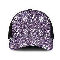 Hibiscus Bloom Island Tribal Waves Mesh Trucker Cap Purple Polynesian Pattern