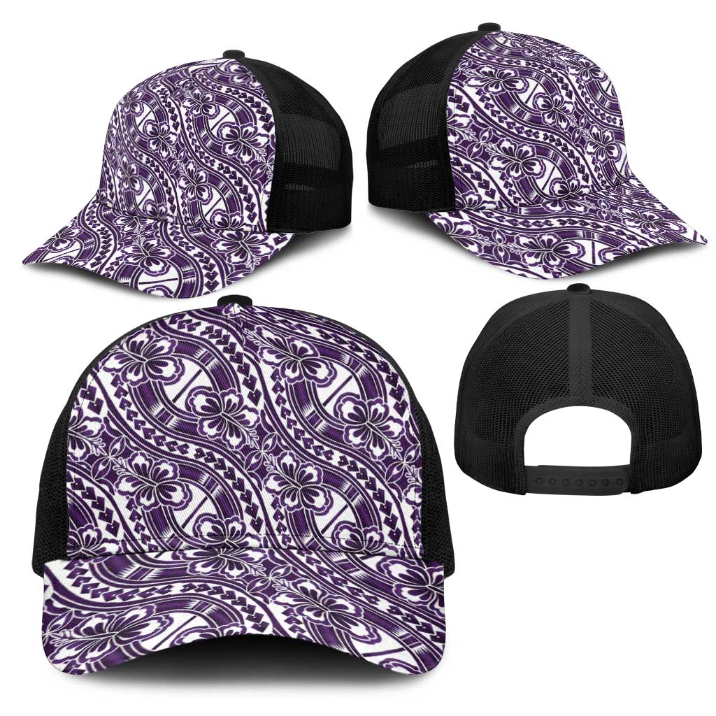Hibiscus Bloom Island Tribal Waves Mesh Trucker Cap Purple Polynesian Pattern