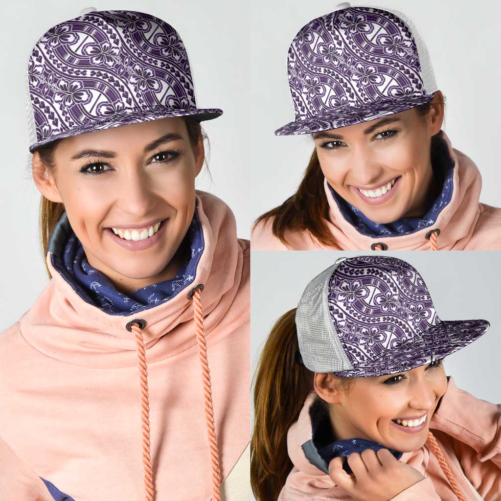 Hibiscus Bloom Island Tribal Waves Mesh Trucker Cap Purple Polynesian Pattern