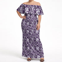 Hibiscus Bloom Island Tribal Waves Off Shoulder Maxi Dress Purple Polynesian Pattern