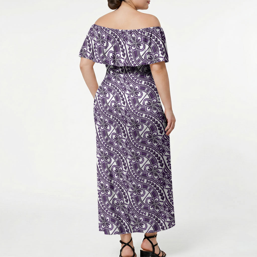 Hibiscus Bloom Island Tribal Waves Off Shoulder Maxi Dress Purple Polynesian Pattern