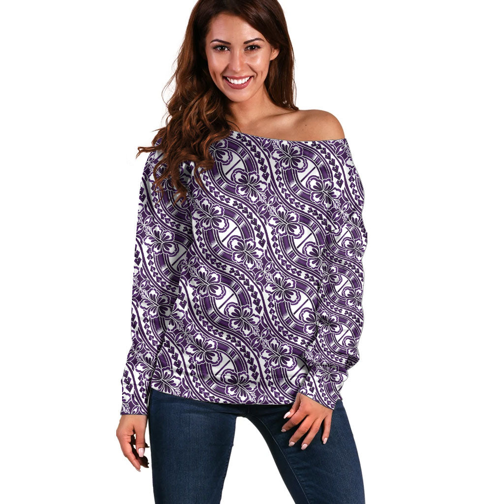 Hibiscus Bloom Island Tribal Waves Off Shoulder Sweater Purple Polynesian Pattern LT01 Women Purple - Polynesian Pride