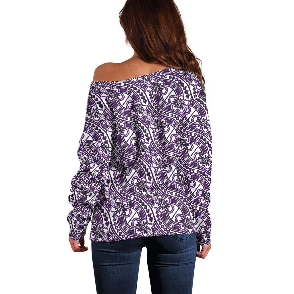 Hibiscus Bloom Island Tribal Waves Off Shoulder Sweater Purple Polynesian Pattern LT01 - Polynesian Pride