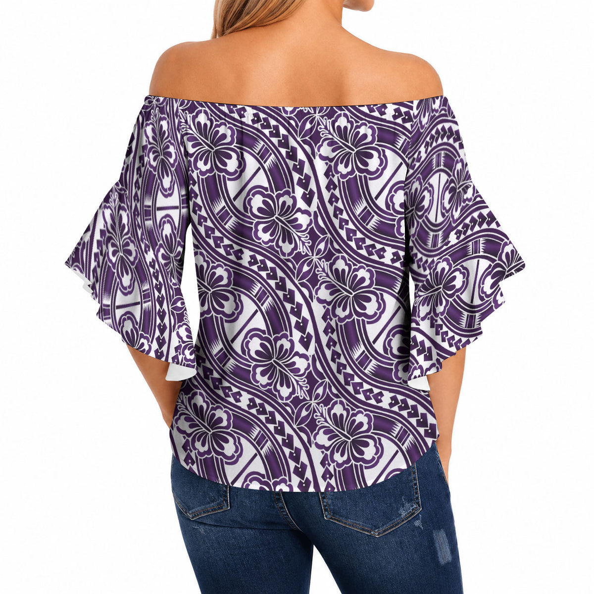Hibiscus Bloom Island Tribal Waves Off Shoulder Wrap Waist Top Purple Polynesian Pattern