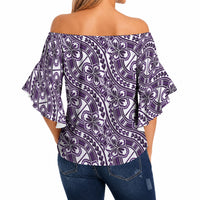 Hibiscus Bloom Island Tribal Waves Off Shoulder Wrap Waist Top Purple Polynesian Pattern