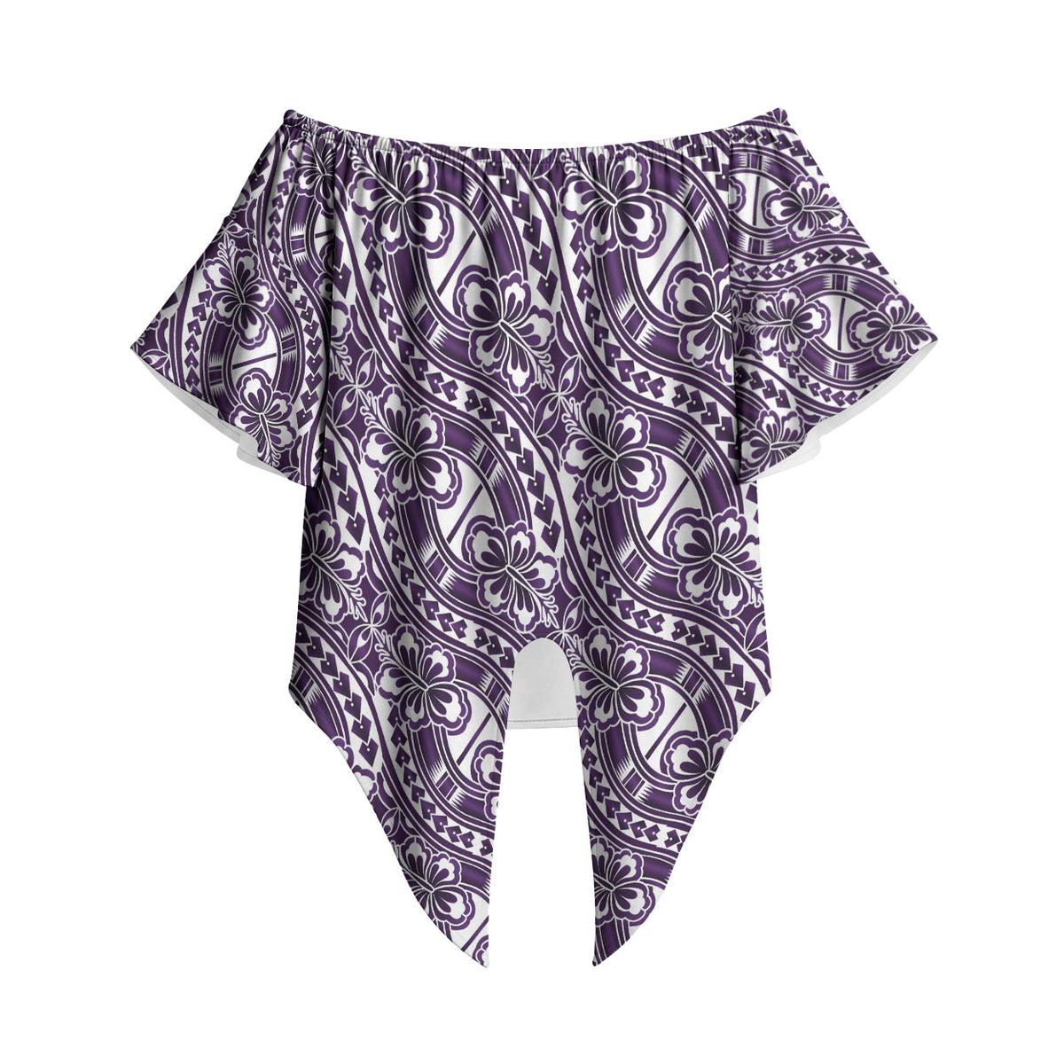 Hibiscus Bloom Island Tribal Waves Off Shoulder Wrap Waist Top Purple Polynesian Pattern