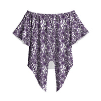 Hibiscus Bloom Island Tribal Waves Off Shoulder Wrap Waist Top Purple Polynesian Pattern