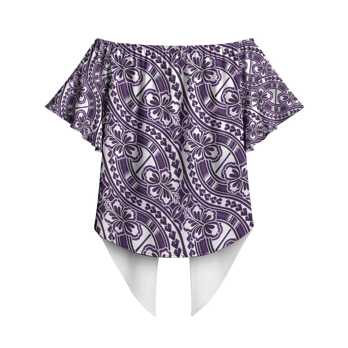 Hibiscus Bloom Island Tribal Waves Off Shoulder Wrap Waist Top Purple Polynesian Pattern