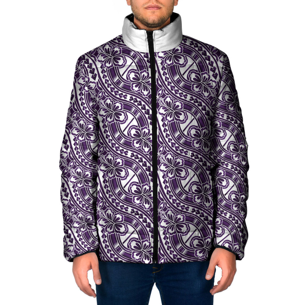 Hibiscus Bloom Island Tribal Waves Padded Jacket Purple Polynesian Pattern