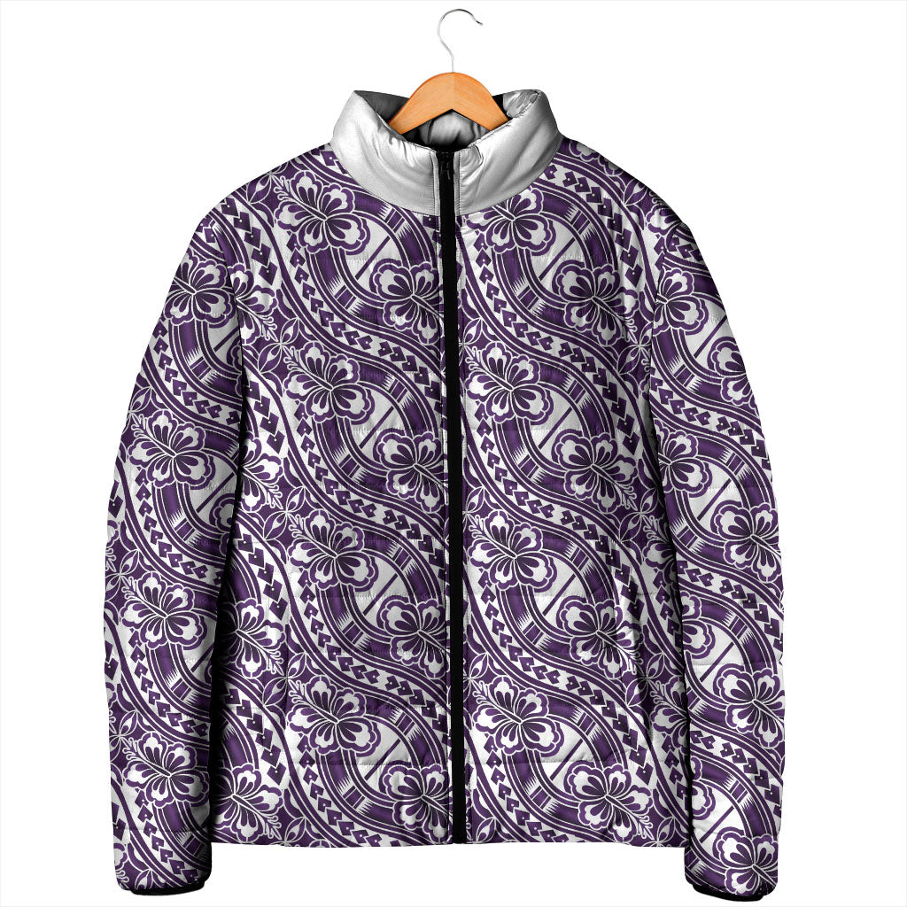 Hibiscus Bloom Island Tribal Waves Padded Jacket Purple Polynesian Pattern