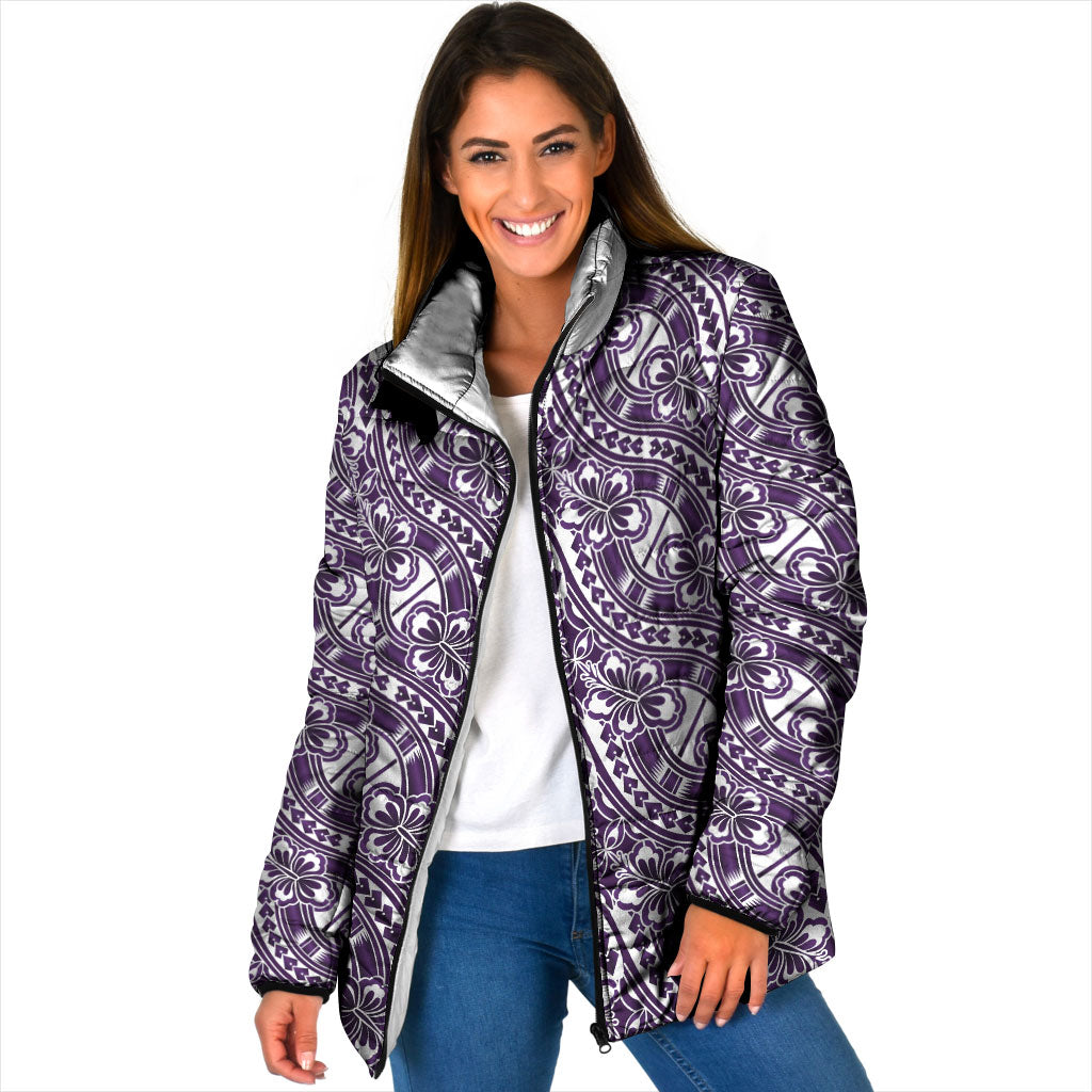 Hibiscus Bloom Island Tribal Waves Padded Jacket Purple Polynesian Pattern
