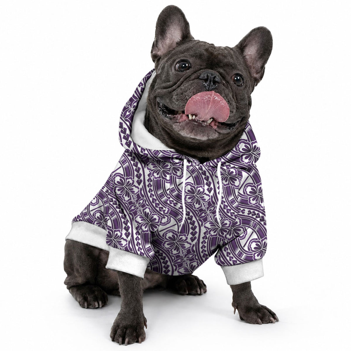 Hibiscus Bloom Island Tribal Waves Pet Hoodie Purple Polynesian Pattern