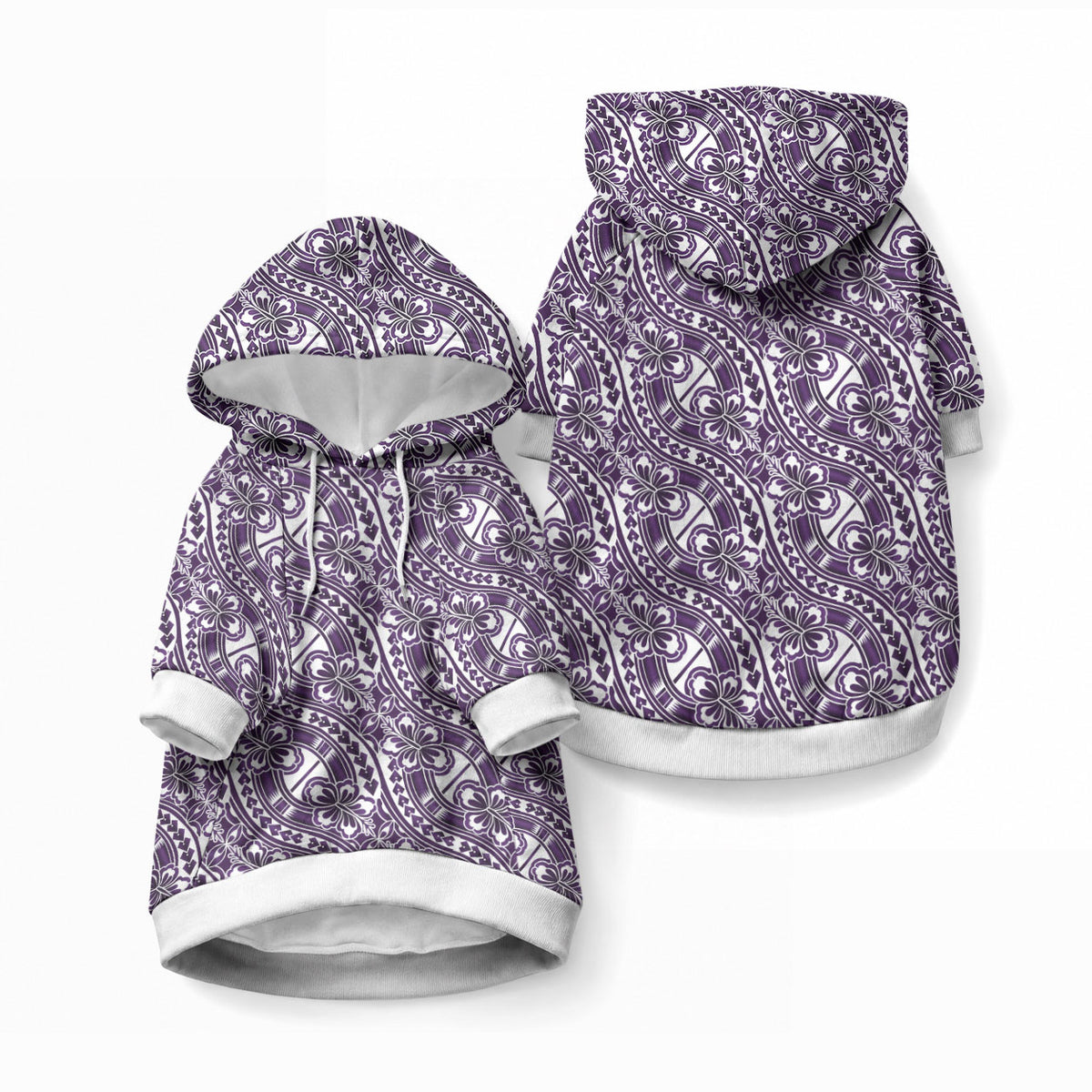 Hibiscus Bloom Island Tribal Waves Pet Hoodie Purple Polynesian Pattern
