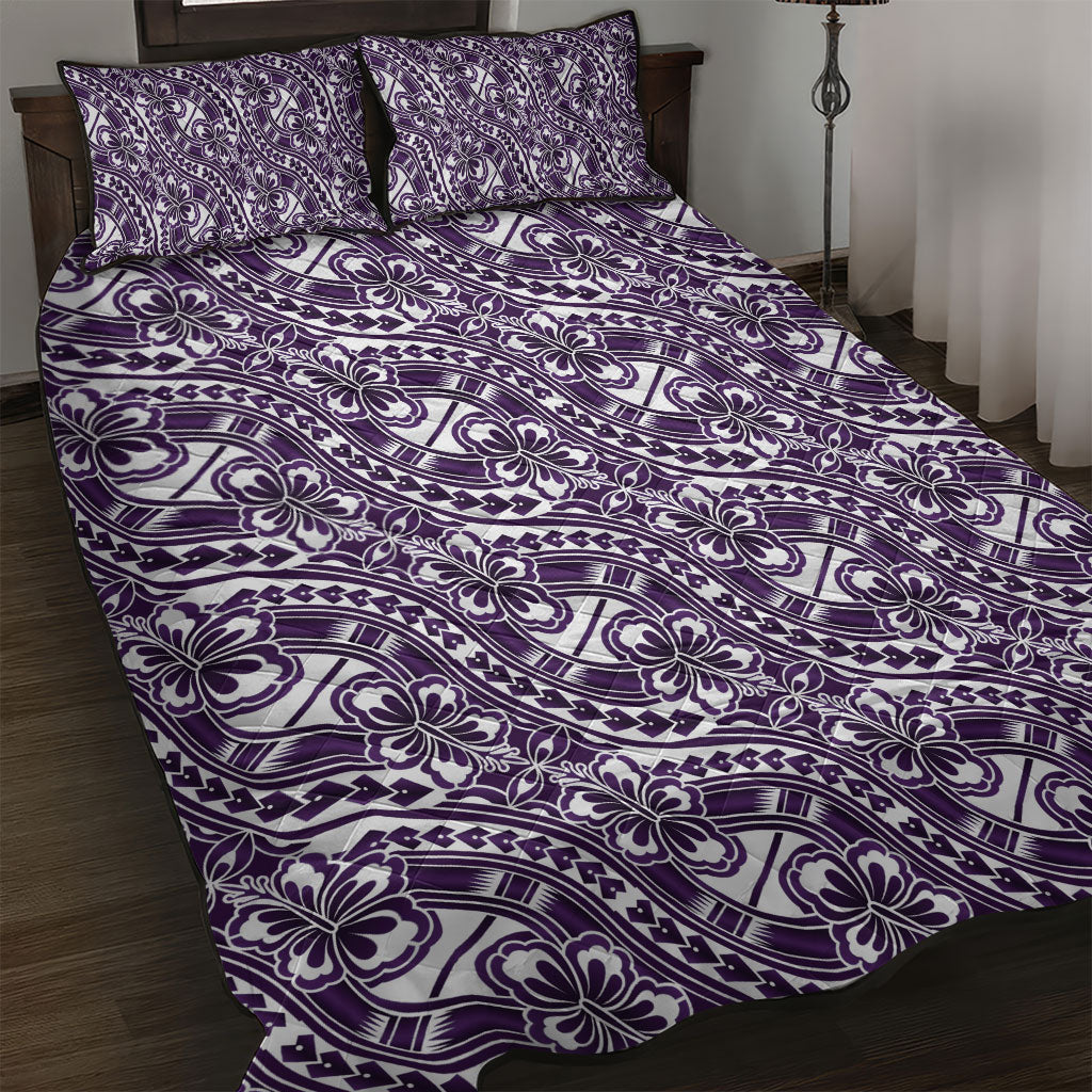 Hibiscus Bloom Island Tribal Waves Quilt Bed Set Purple Polynesian Pattern
