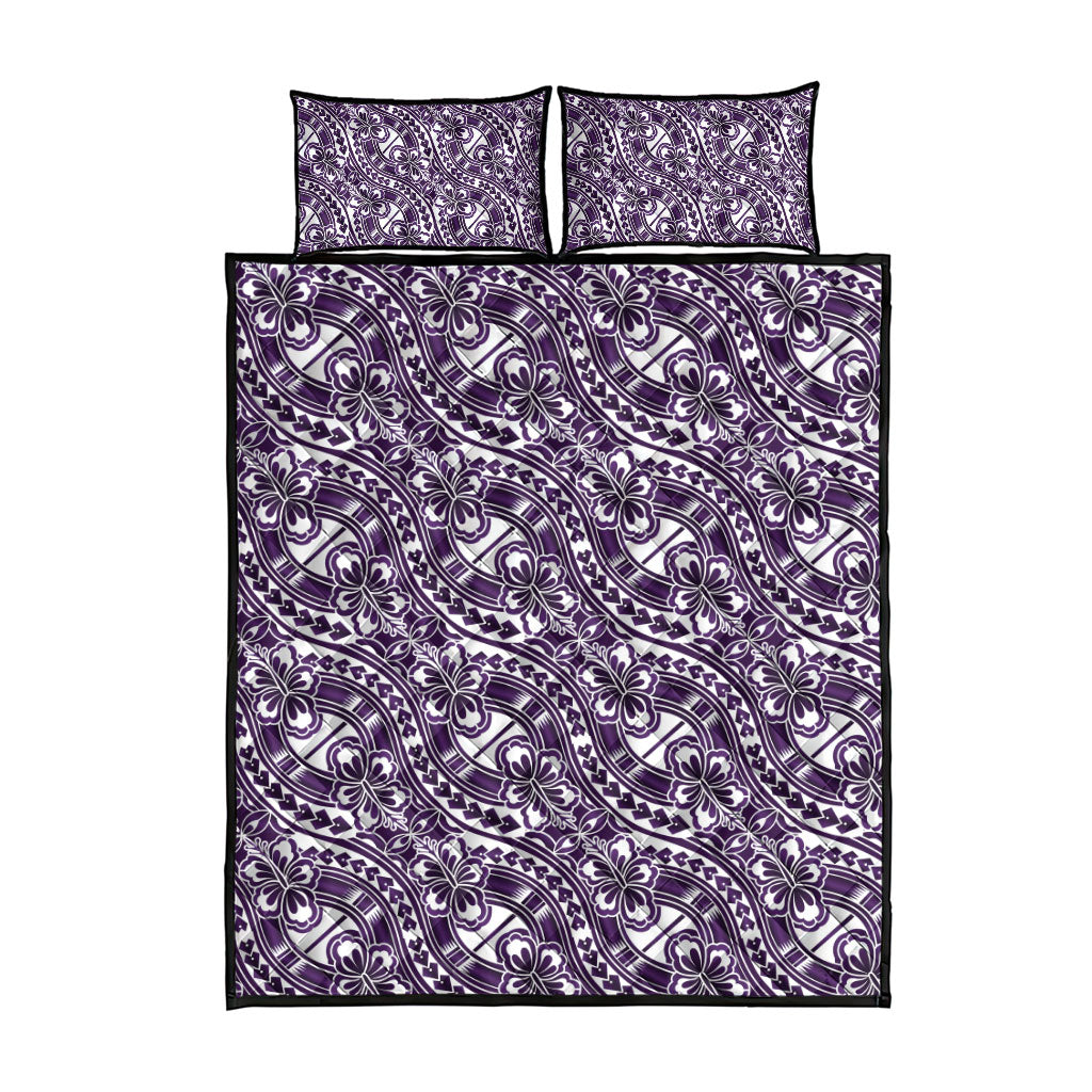 Hibiscus Bloom Island Tribal Waves Quilt Bed Set Purple Polynesian Pattern