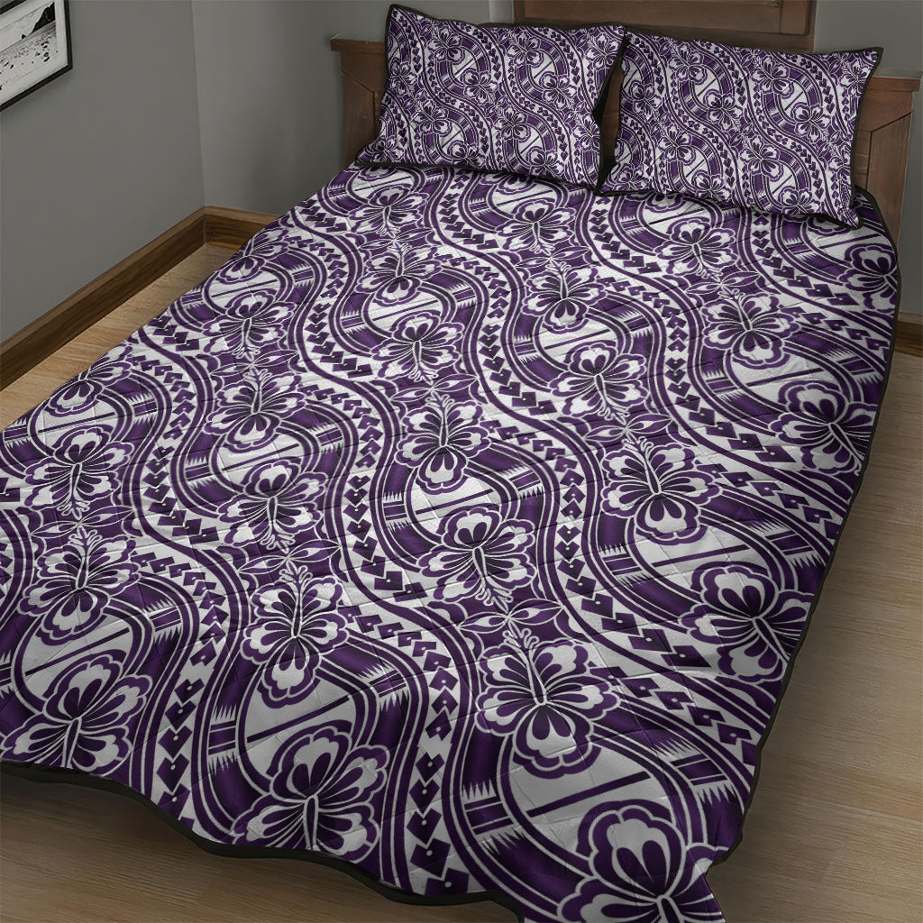 Hibiscus Bloom Island Tribal Waves Quilt Bed Set Purple Polynesian Pattern