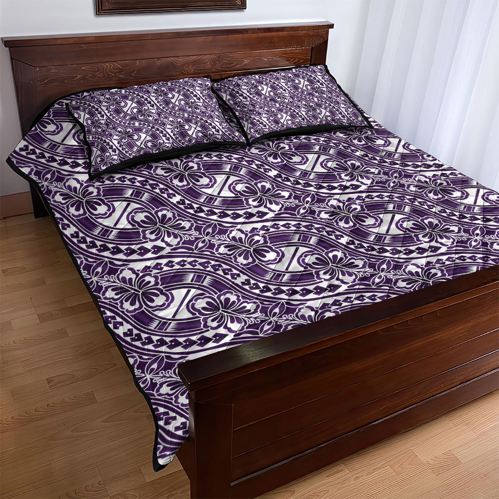 Hibiscus Bloom Island Tribal Waves Quilt Bed Set Purple Polynesian Pattern