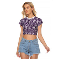 Hibiscus Bloom Island Tribal Waves Raglan Cropped T Shirt Purple Polynesian Pattern