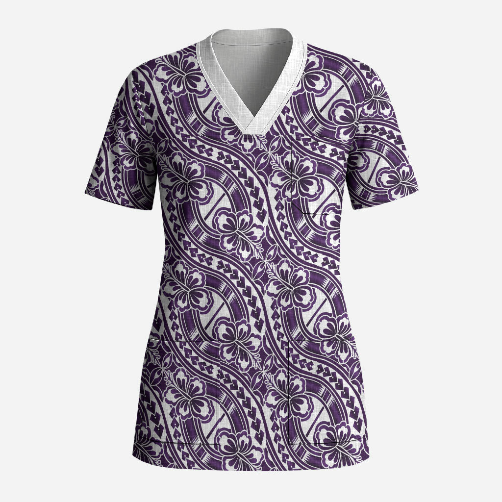 Hibiscus Bloom Island Tribal Waves Scrub Top Purple Polynesian Pattern