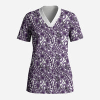 Hibiscus Bloom Island Tribal Waves Scrub Top Purple Polynesian Pattern