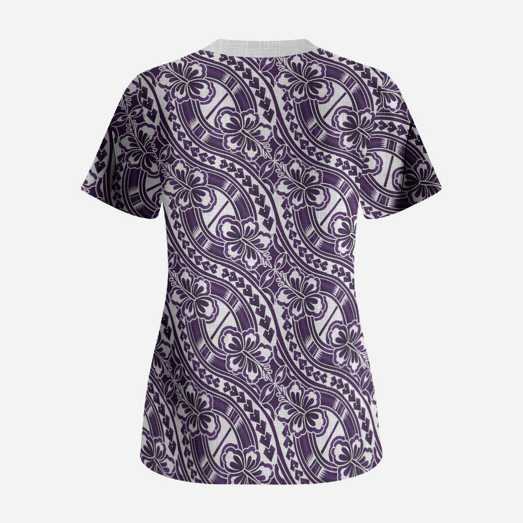 Hibiscus Bloom Island Tribal Waves Scrub Top Purple Polynesian Pattern