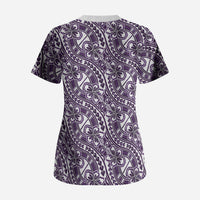 Hibiscus Bloom Island Tribal Waves Scrub Top Purple Polynesian Pattern