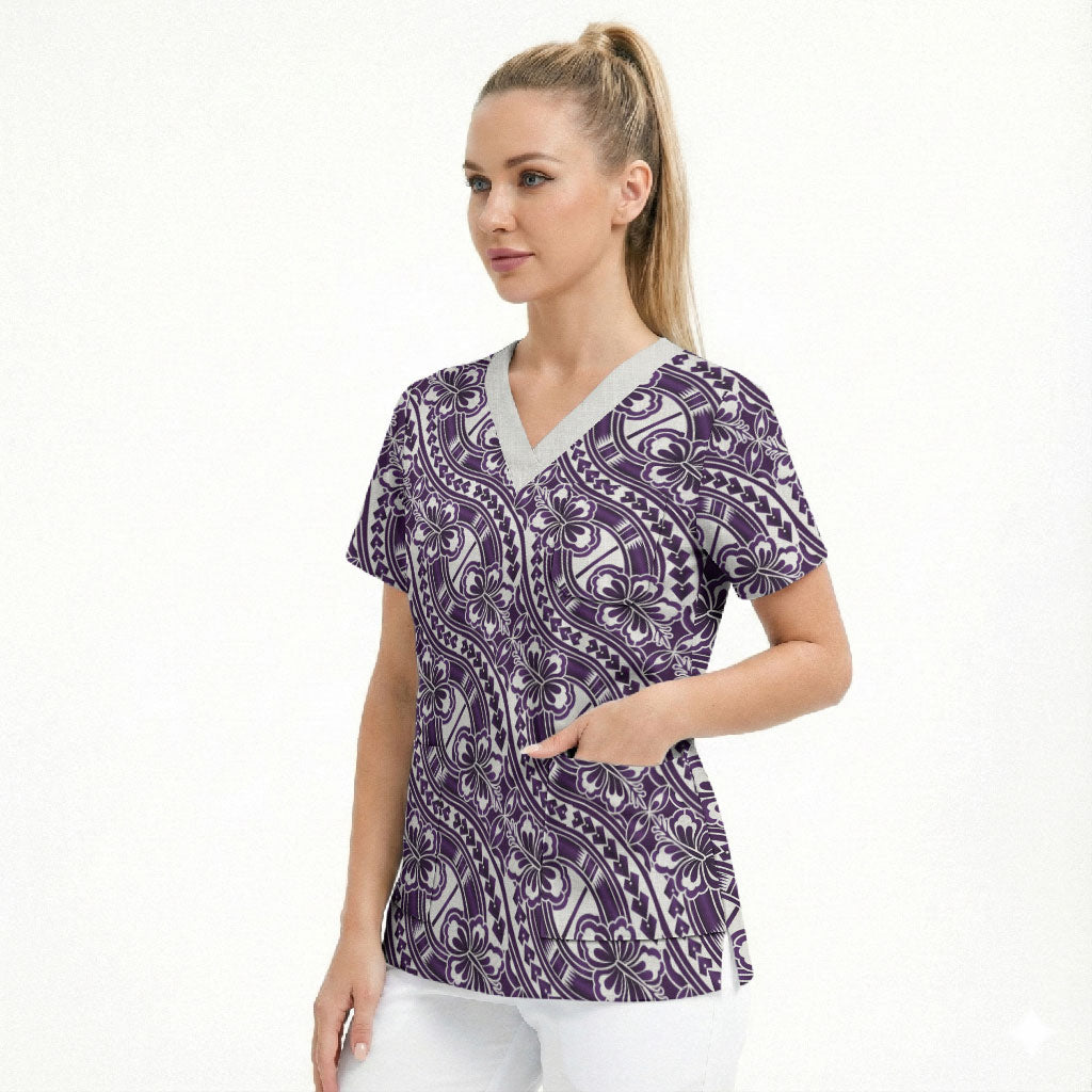 Hibiscus Bloom Island Tribal Waves Scrub Top Purple Polynesian Pattern