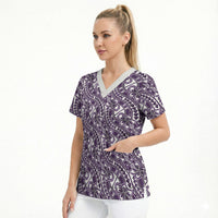 Hibiscus Bloom Island Tribal Waves Scrub Top Purple Polynesian Pattern