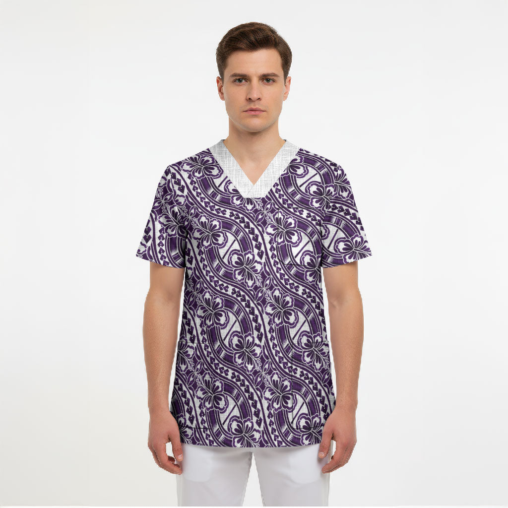 Hibiscus Bloom Island Tribal Waves Scrub Top Purple Polynesian Pattern