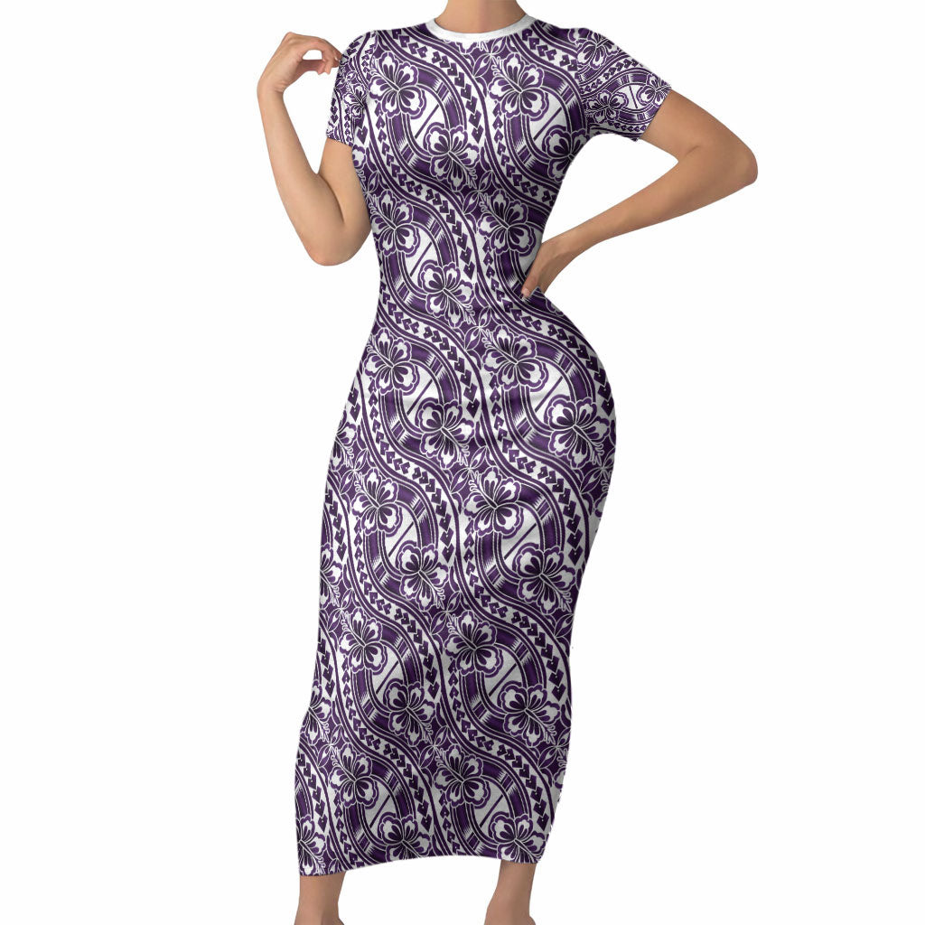 Hibiscus Bloom Island Tribal Waves Short Sleeve Bodycon Dress Purple Polynesian Pattern LT01 Long Dress Purple - Polynesian Pride