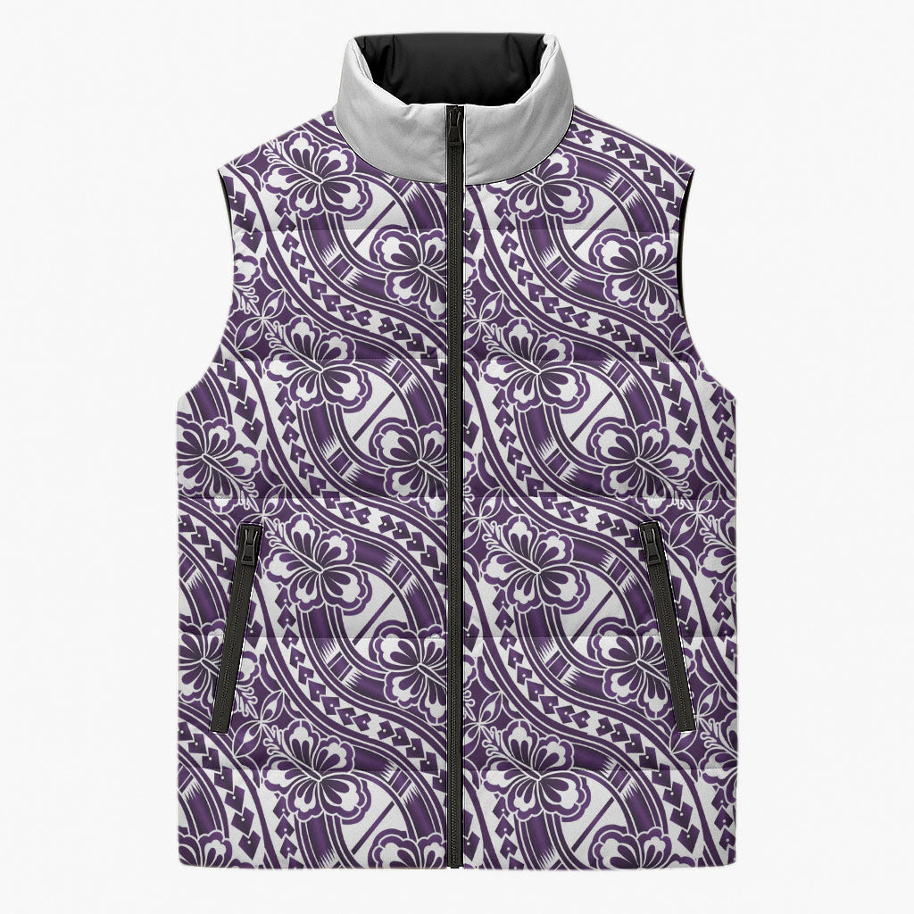 Hibiscus Bloom Island Tribal Waves Sleeveless Puffer Jacket Purple Polynesian Pattern