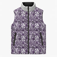 Hibiscus Bloom Island Tribal Waves Sleeveless Puffer Jacket Purple Polynesian Pattern