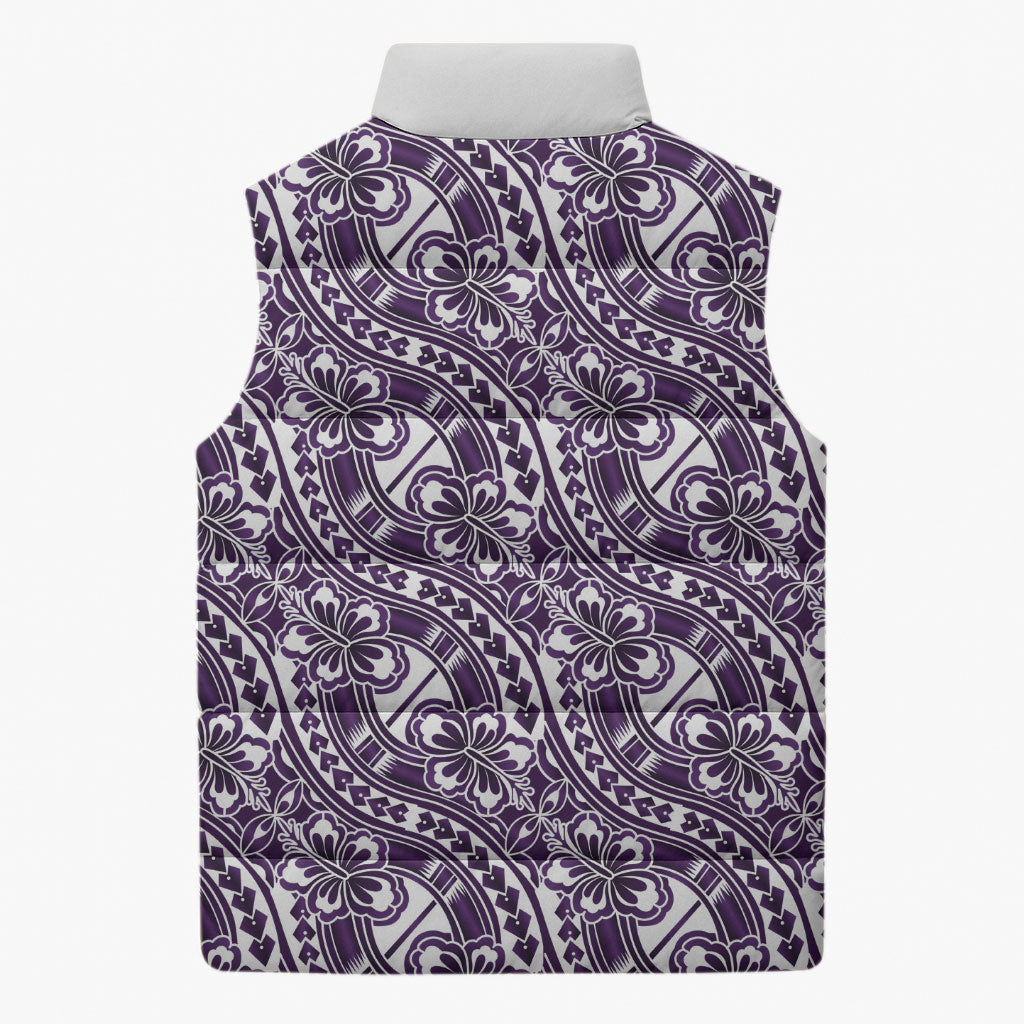 Hibiscus Bloom Island Tribal Waves Sleeveless Puffer Jacket Purple Polynesian Pattern