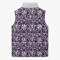Hibiscus Bloom Island Tribal Waves Sleeveless Puffer Jacket Purple Polynesian Pattern