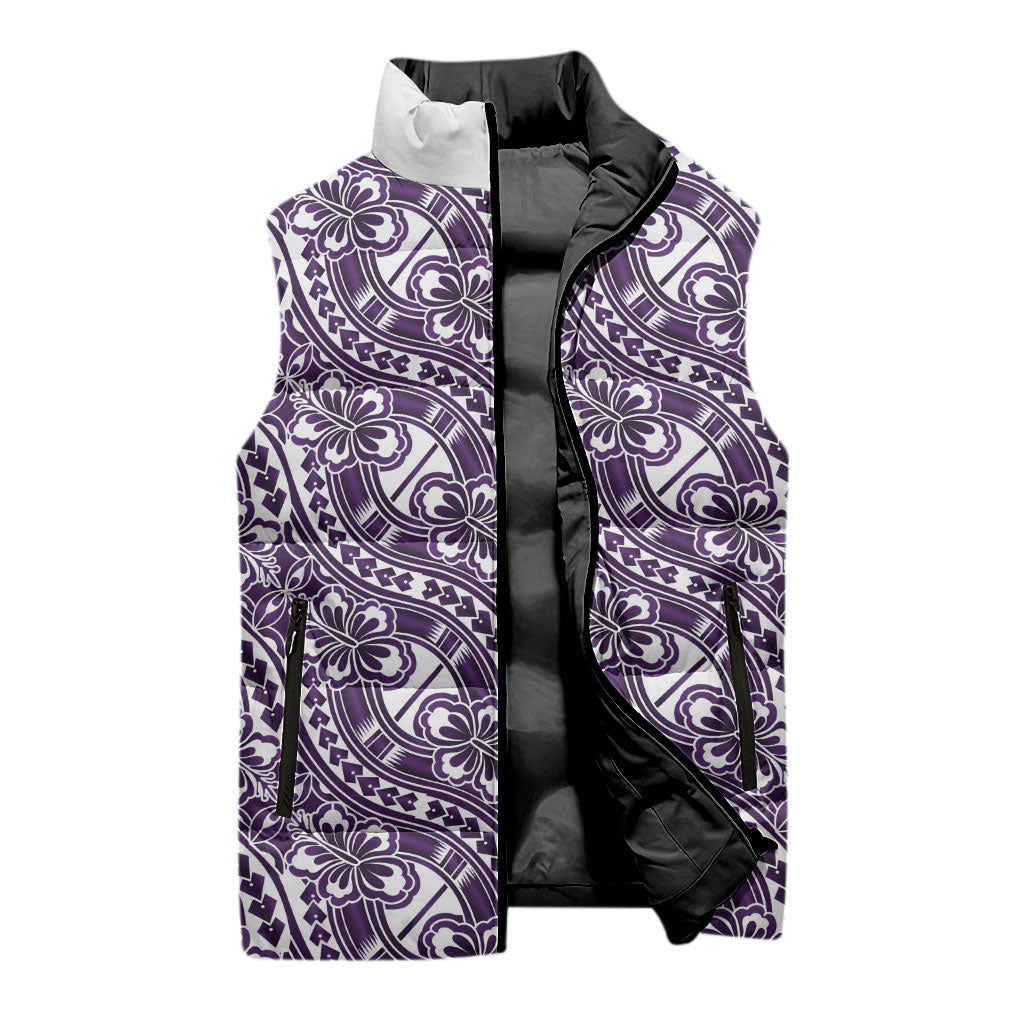 Hibiscus Bloom Island Tribal Waves Sleeveless Puffer Jacket Purple Polynesian Pattern