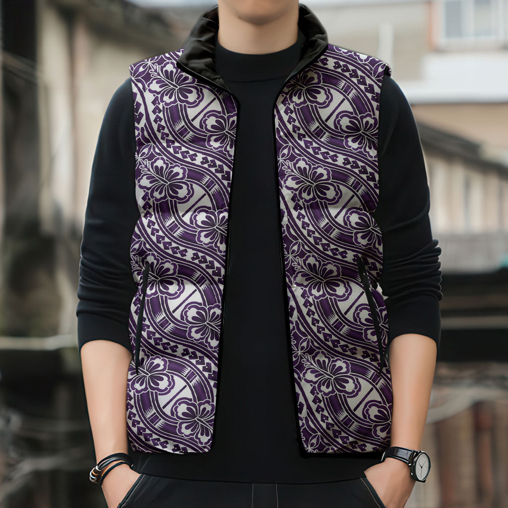 Hibiscus Bloom Island Tribal Waves Sleeveless Puffer Jacket Purple Polynesian Pattern