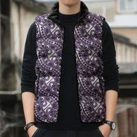 Hibiscus Bloom Island Tribal Waves Sleeveless Puffer Jacket Purple Polynesian Pattern