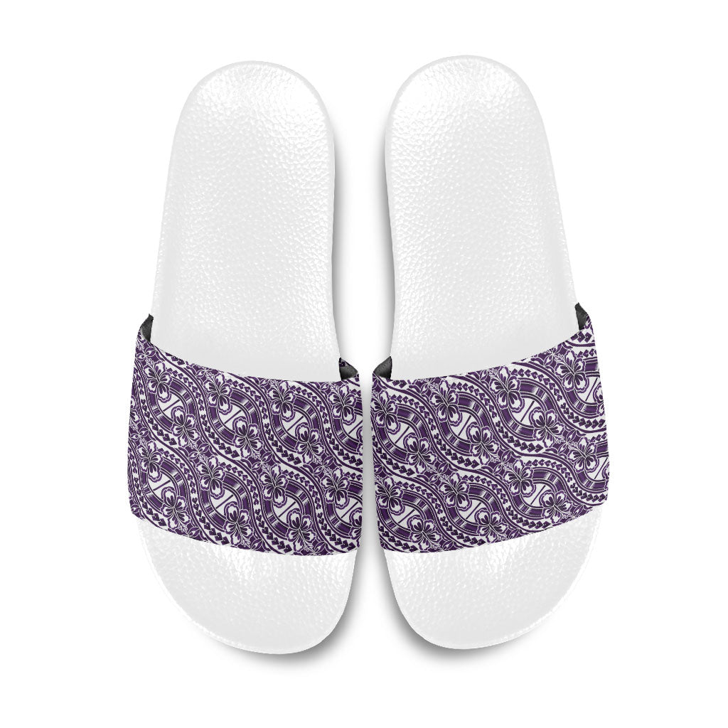Hibiscus Bloom Island Tribal Waves Slide Sandals Purple Polynesian Pattern