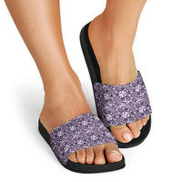 Hibiscus Bloom Island Tribal Waves Slide Sandals Purple Polynesian Pattern