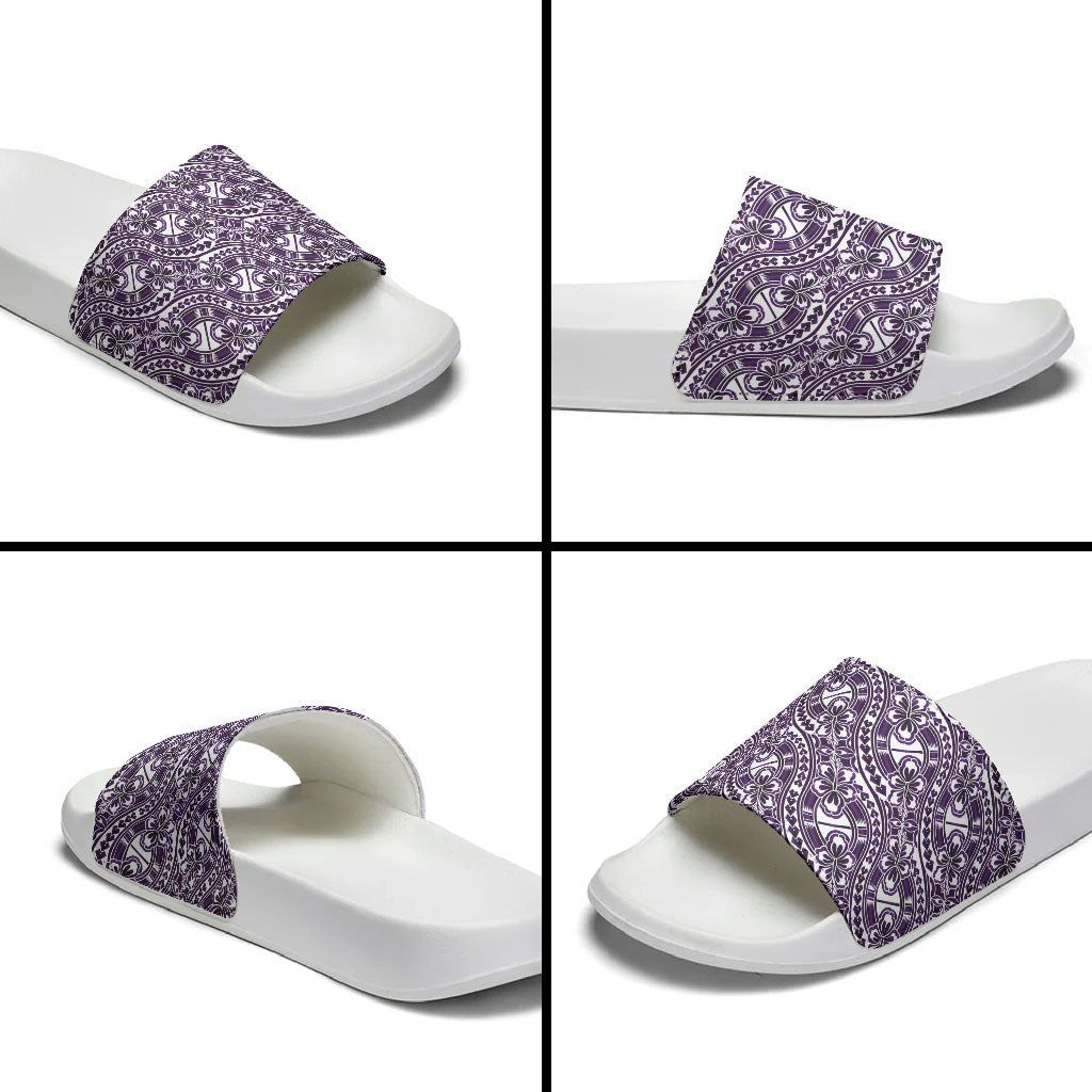 Hibiscus Bloom Island Tribal Waves Slide Sandals Purple Polynesian Pattern