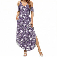 Hibiscus Bloom Island Tribal Waves Summer Maxi Dress Purple Polynesian Pattern