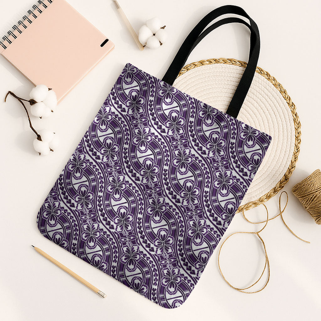 Hibiscus Bloom Island Tribal Waves Tote Bag Purple Polynesian Pattern LT01 Black Strap One Size Purple - Polynesian Pride